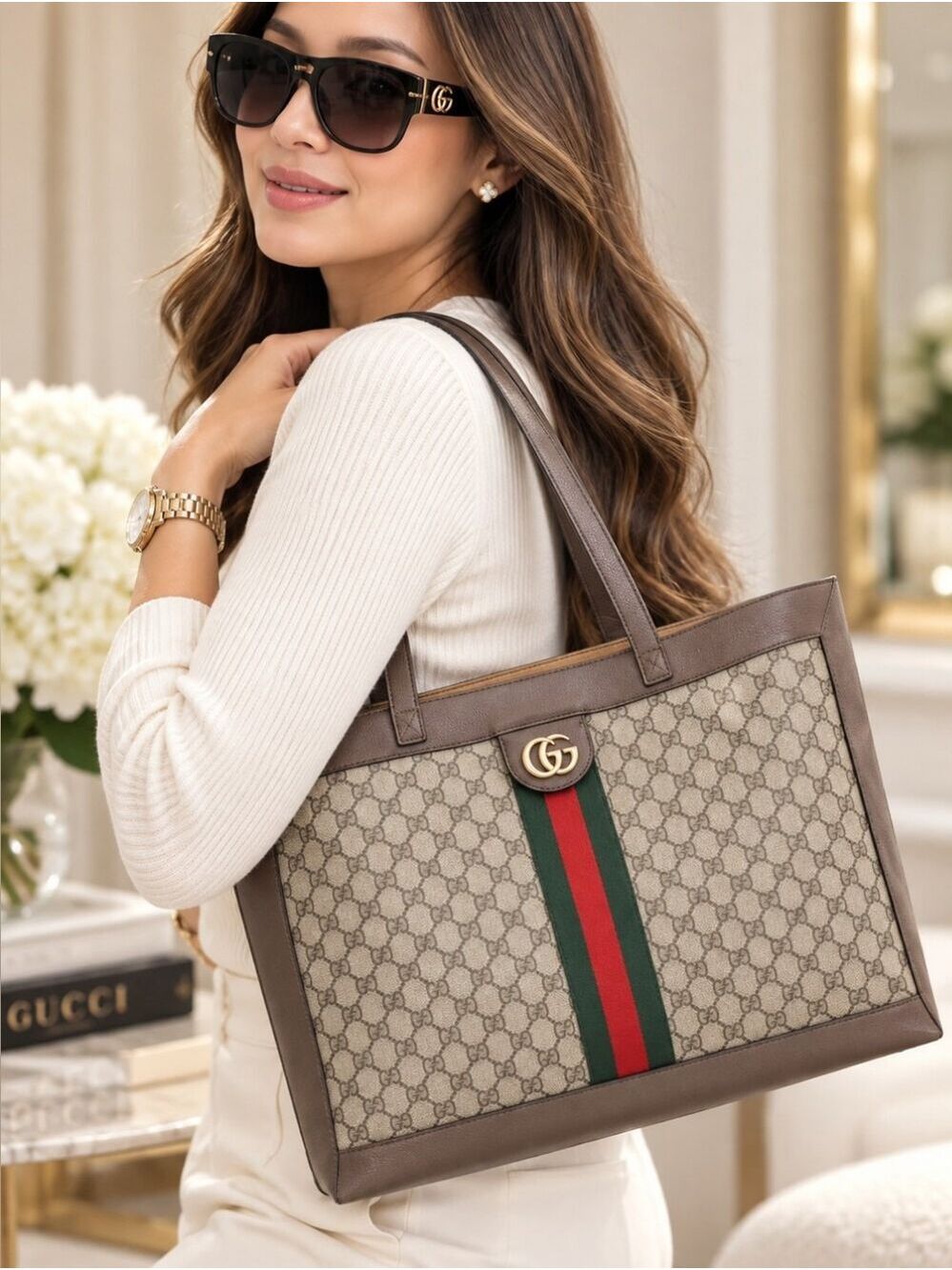 Authentic Gucci Ophidia GG Supreme Large Tote Bag Web Stripe w/ Pouch Bag